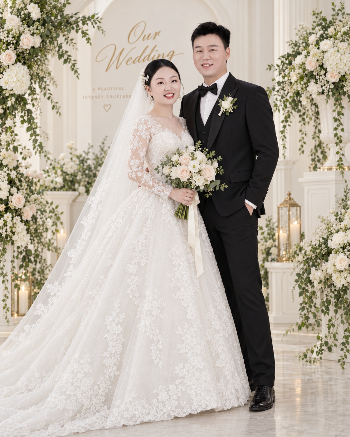 新人在香槟色花影中的婚纱合照